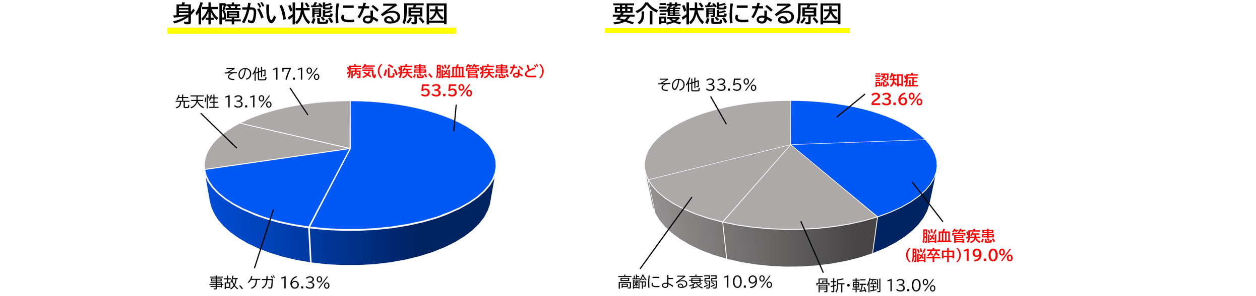 身体障がい者になる原因と要介護状態になる原因のグラフ