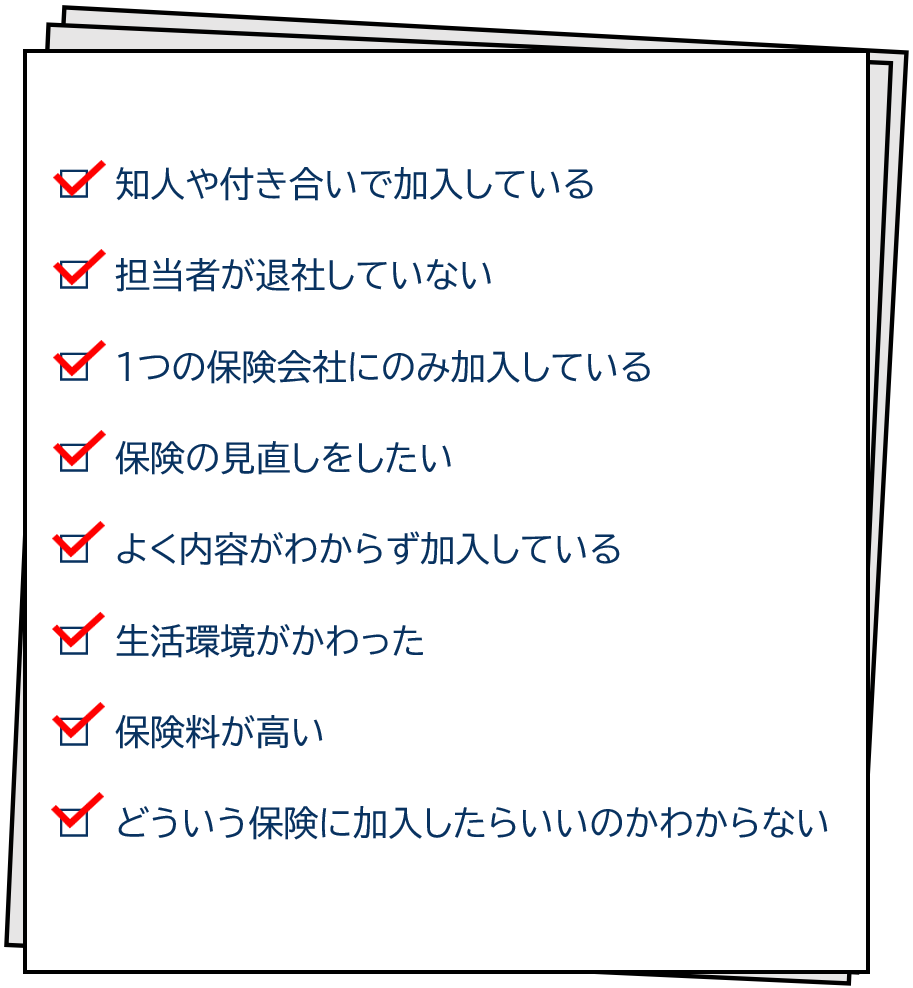 知人や付き合いで加入している、担当者が退社していない、1つの保険会社にのみ加入している、保険の見直しをしたい、よく内容がわからず加入している、生活環境がかわった、保険料が高い、どういう保険に加入したらいいかわからない